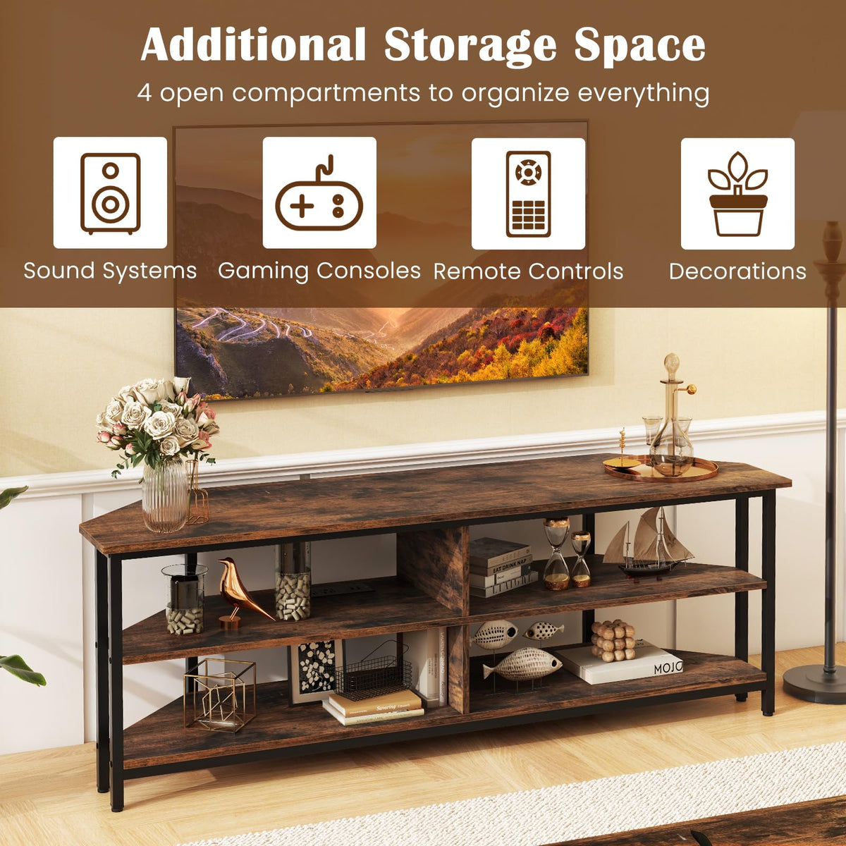 Corner TV Stand for TVs up to 65" with AC Outlets and Storage Shelves O493364