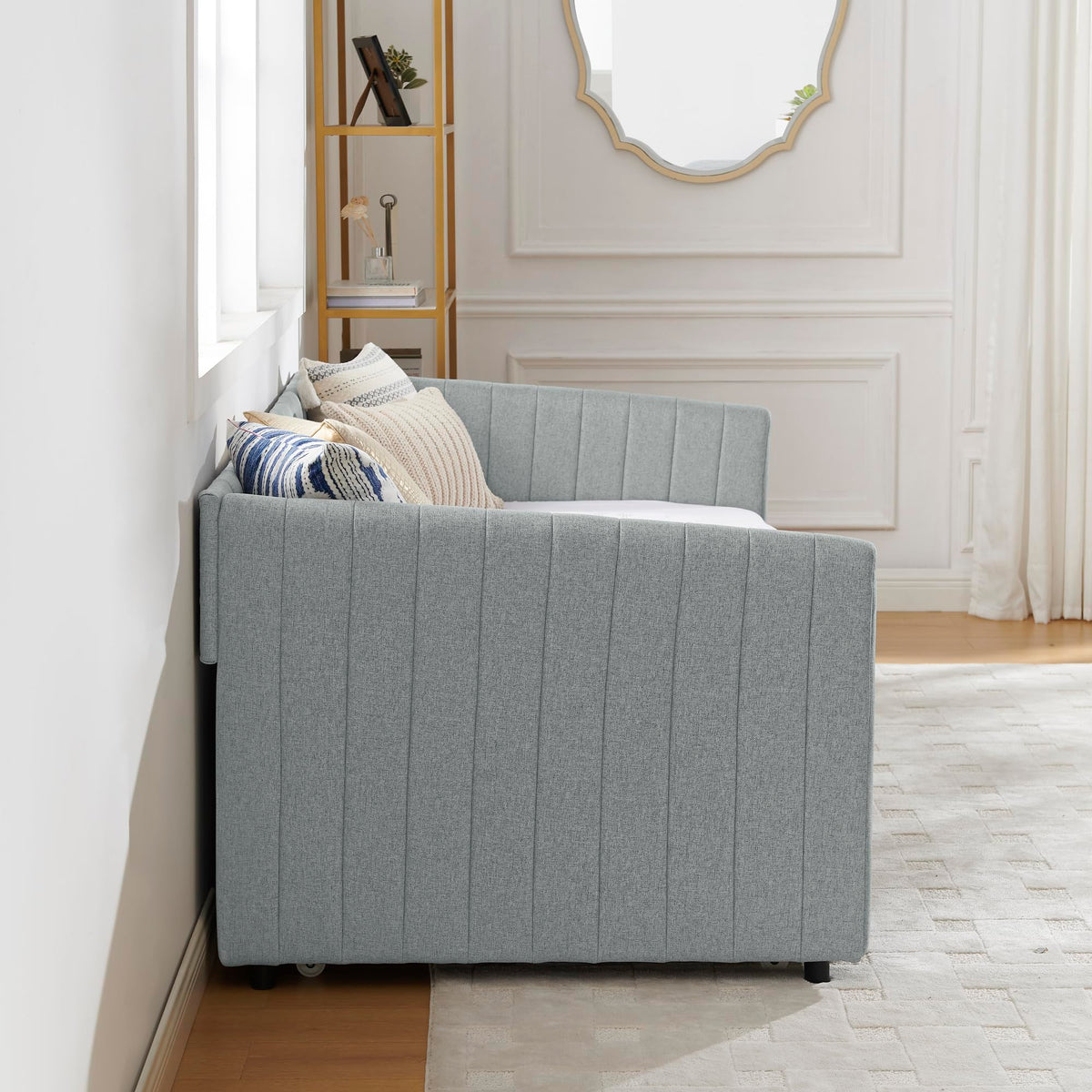Grey Linen Upholstered Twin Size Daybed with Pop up Trundle A2397