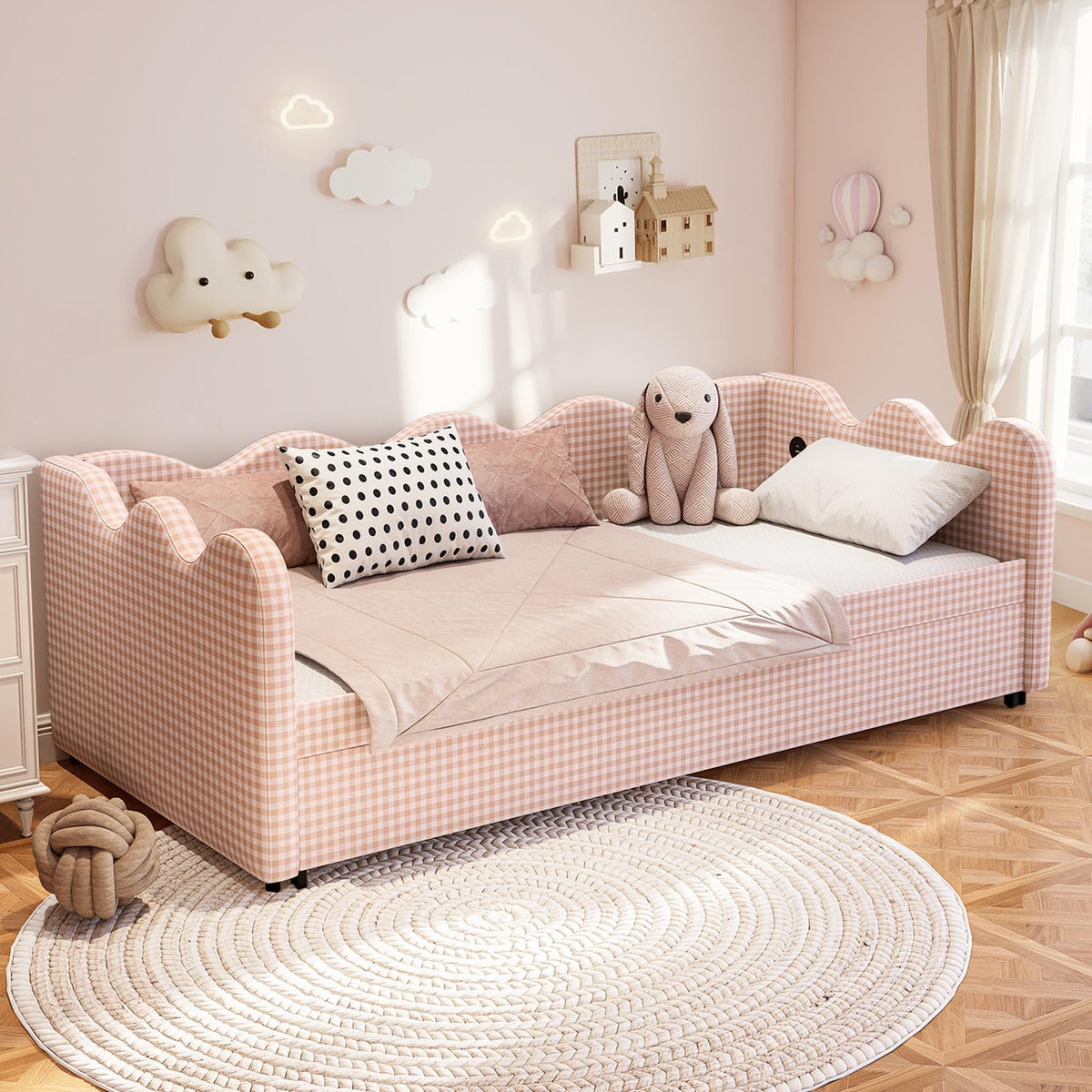 Pink Gingham Twin Size Daybed with Trundle W23381