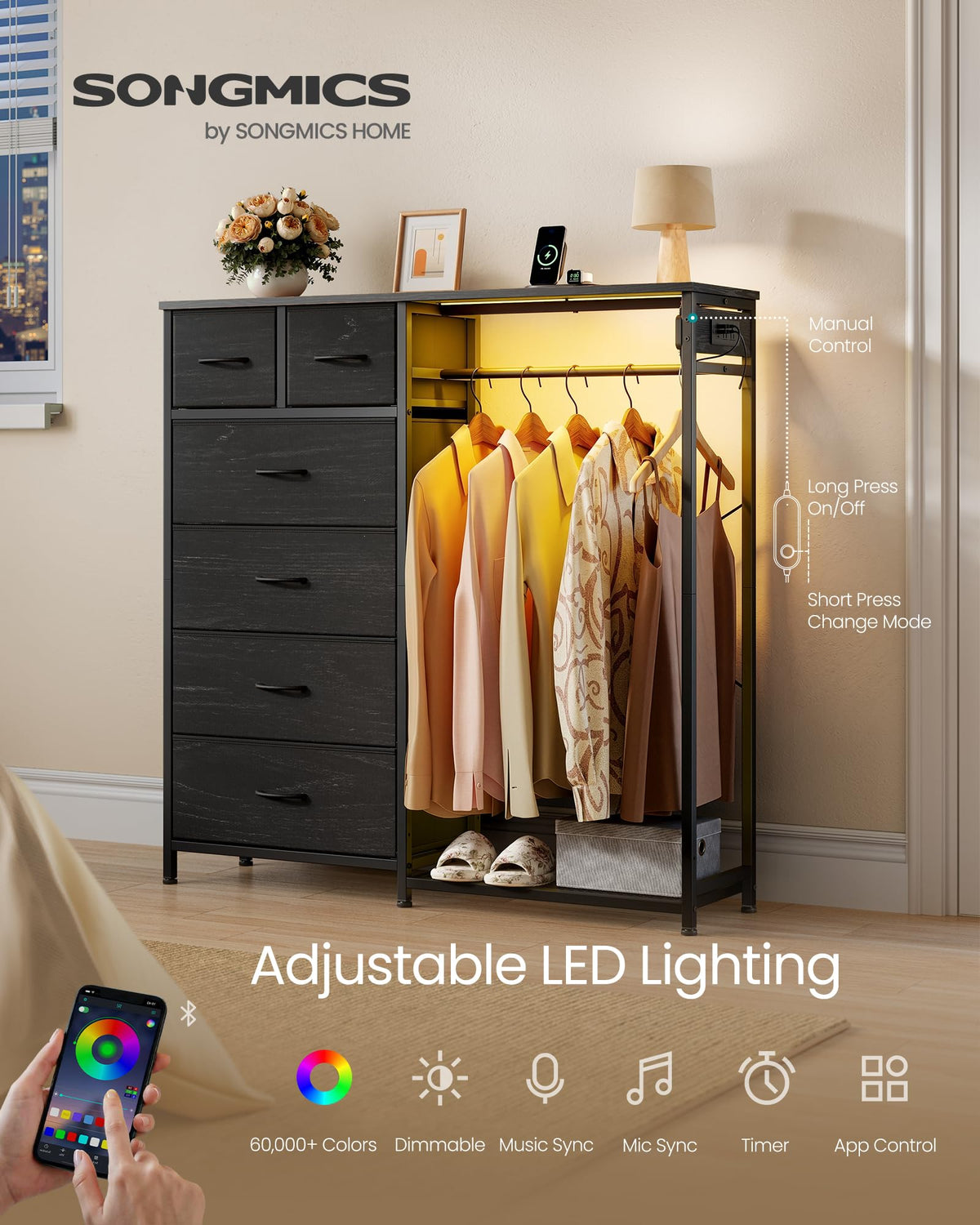 Dresser with Hanging Rod, Closet Organizer with 6 Fabric Drawers D2078