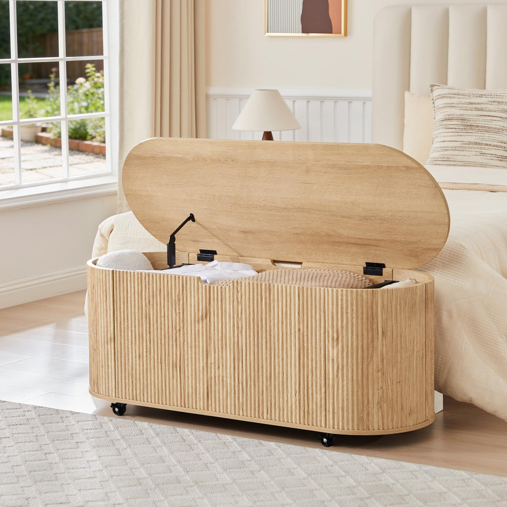 Natural Fluted Storage Bench with 4 Wheels U93916