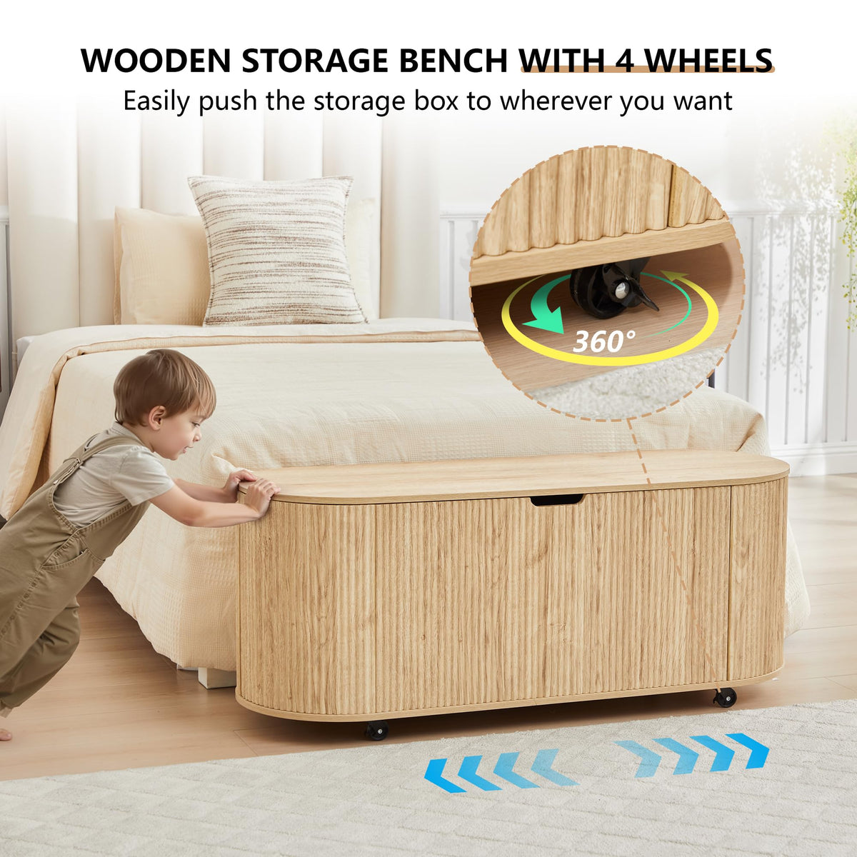 Natural Fluted Storage Bench with 4 Wheels U93916