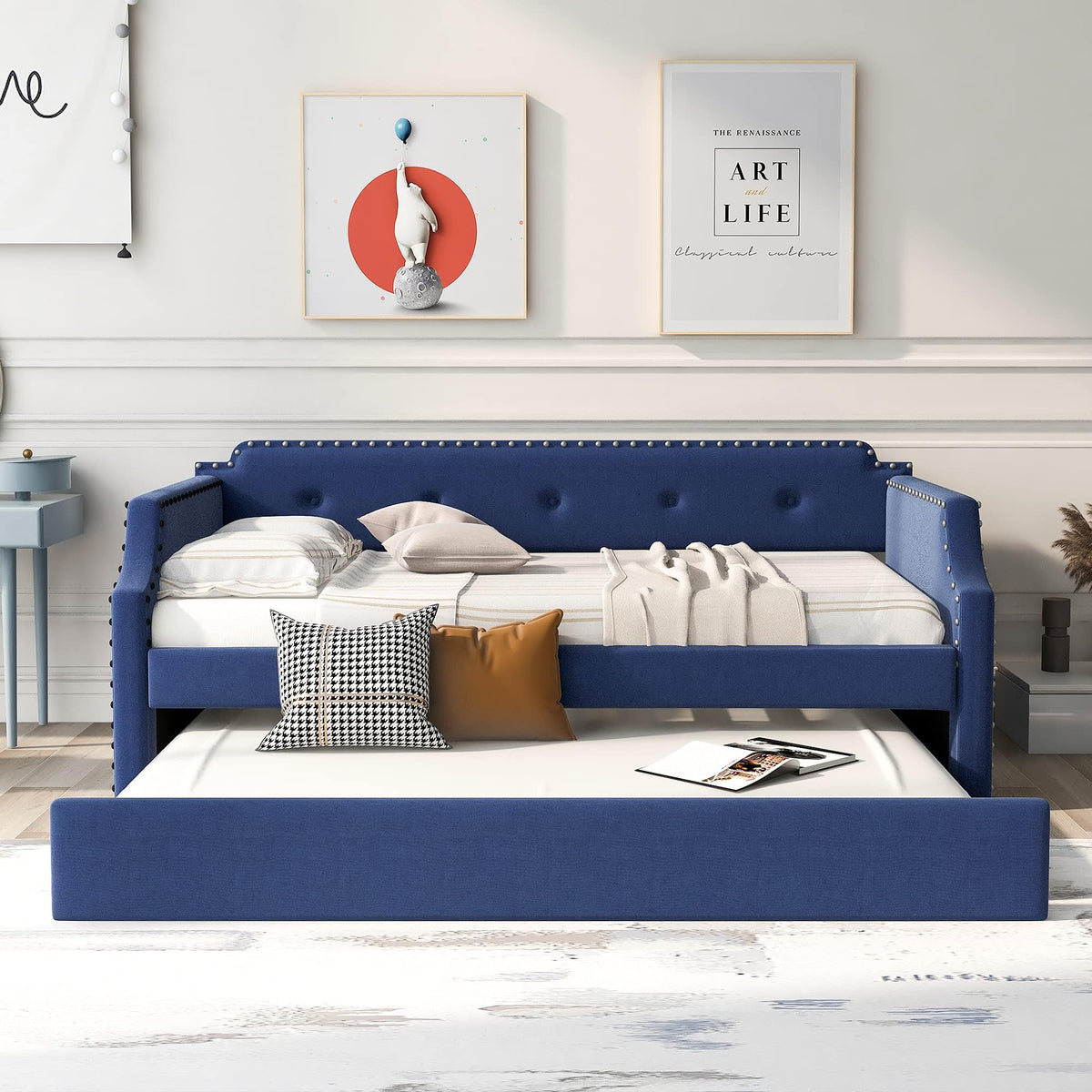Blue Linen Fabric Upholstered Twin Daybed with Trundle B38270