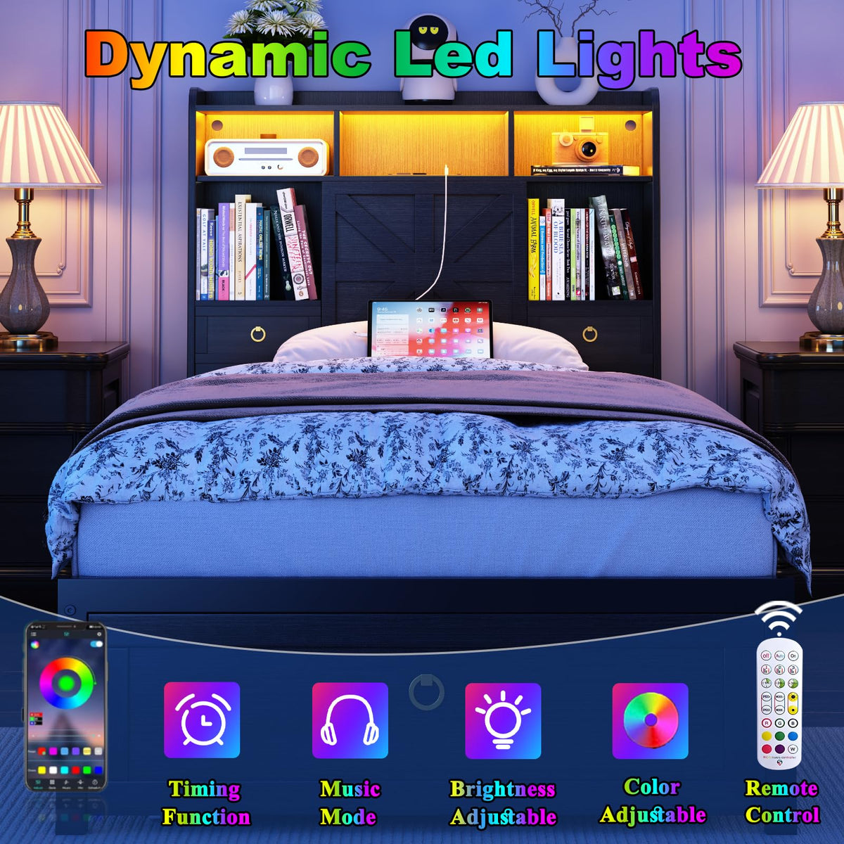 Black Twin Bed Frame with Storage Headboard and Drawers K4628