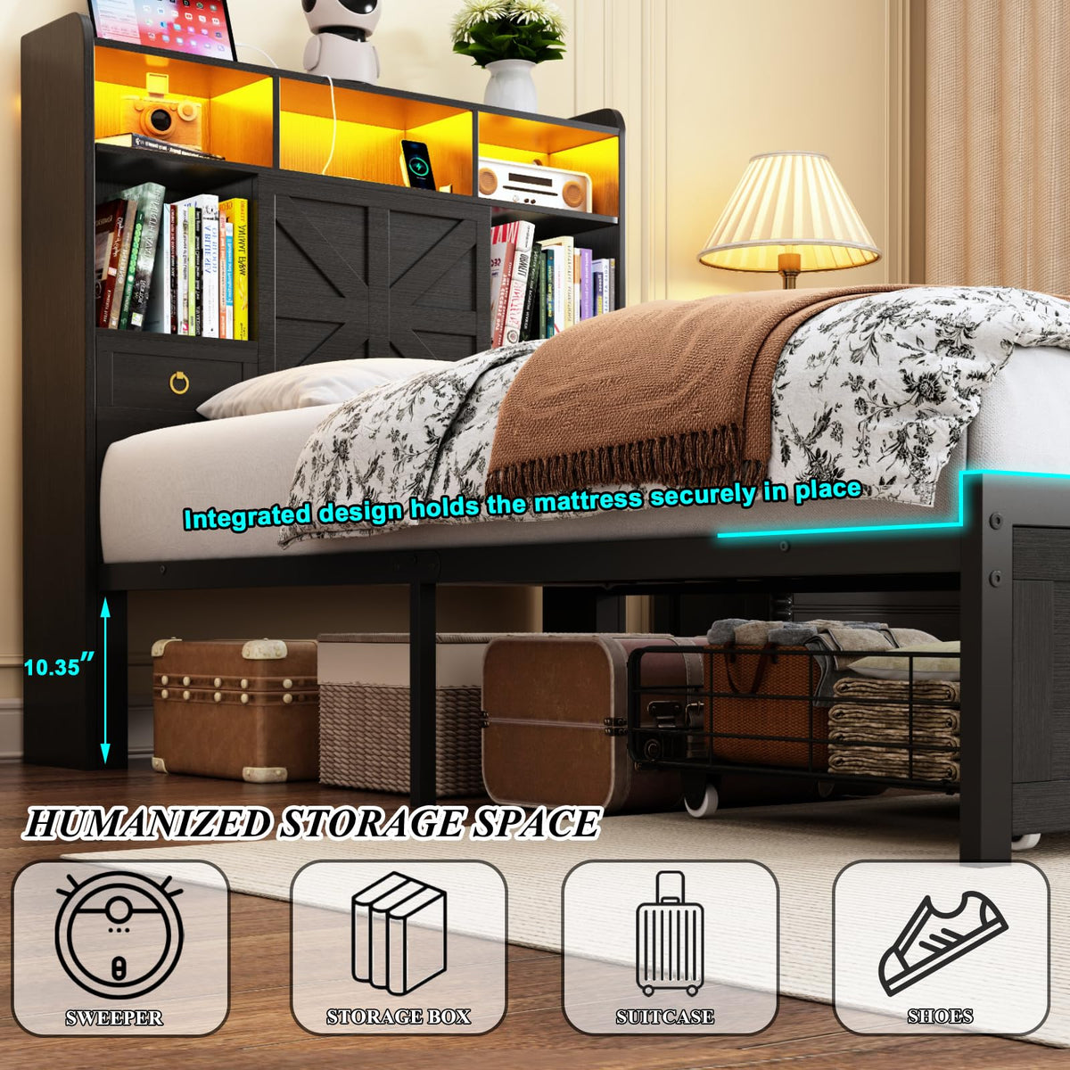 Black Twin Bed Frame with Storage Headboard and Drawers K4628
