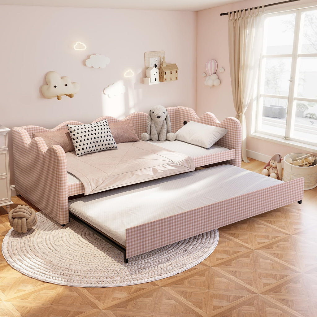 Pink Gingham Twin Size Daybed with Trundle W23381