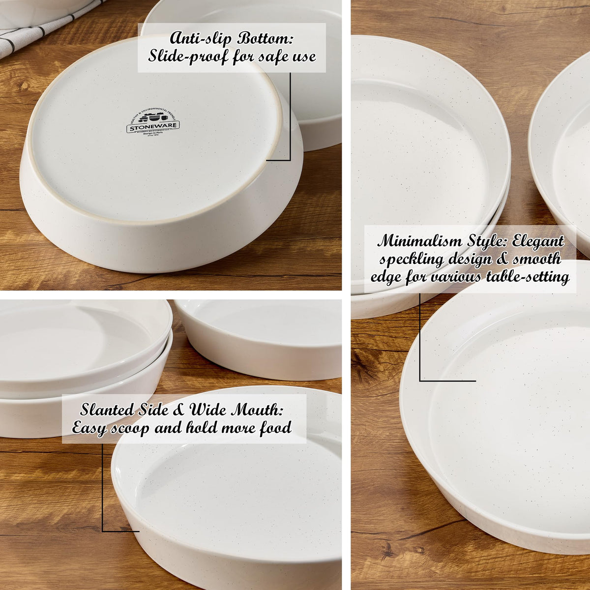 34oz Stoneware Pasta Bowls Set of 4 Speckled White G228
