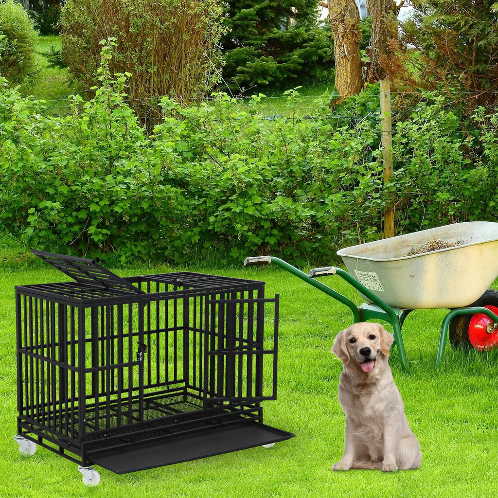 48 Inch Heavy Duty Dog Crate with Plastic Tray Double Doors J566771