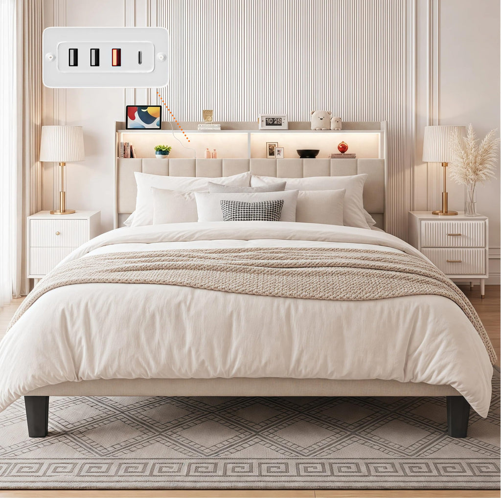 Beige Queen Size Upholstered Platform Bed Frame with Headboard K222