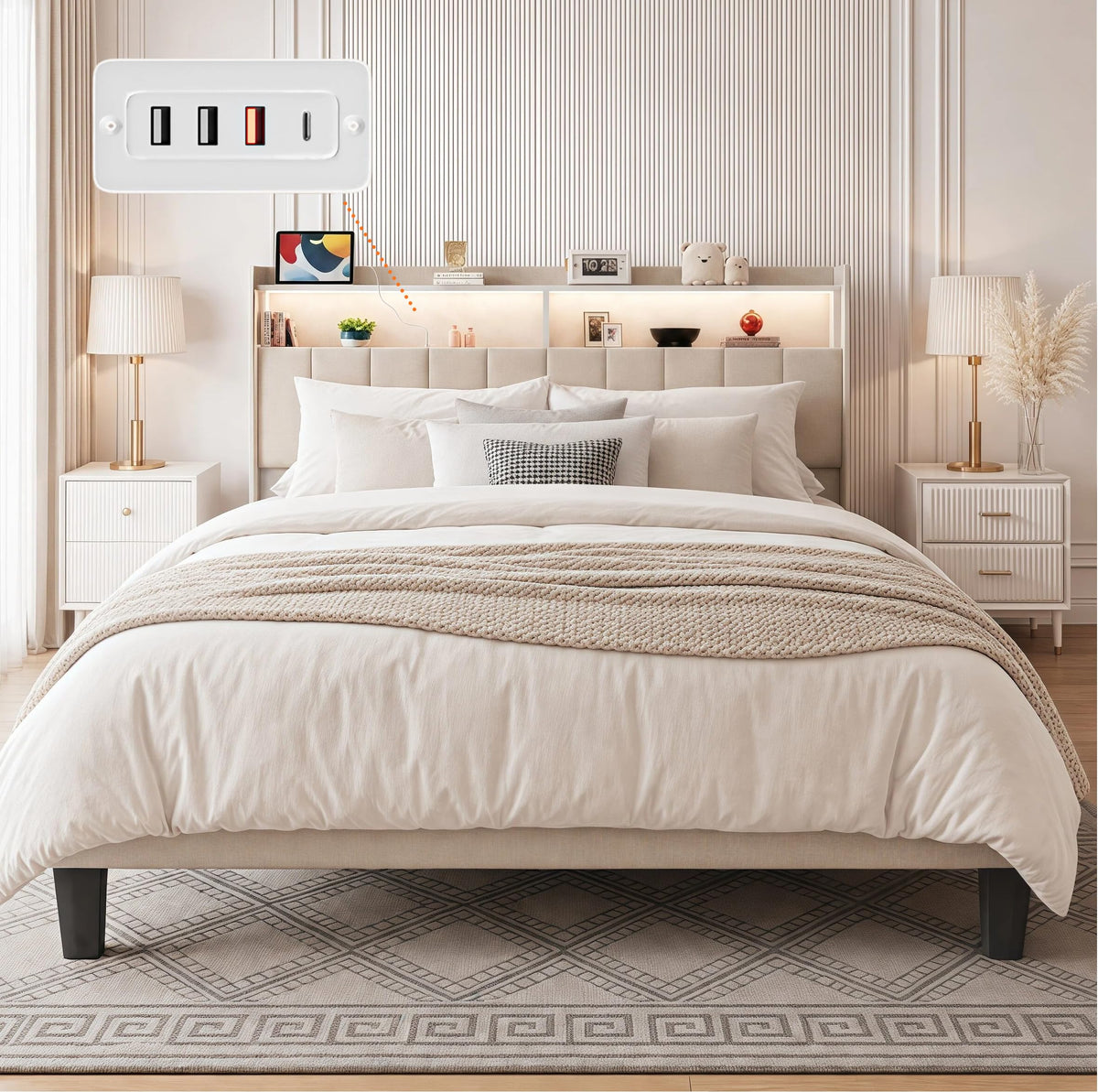 Beige Queen Size Upholstered Platform Bed Frame with Headboard K222