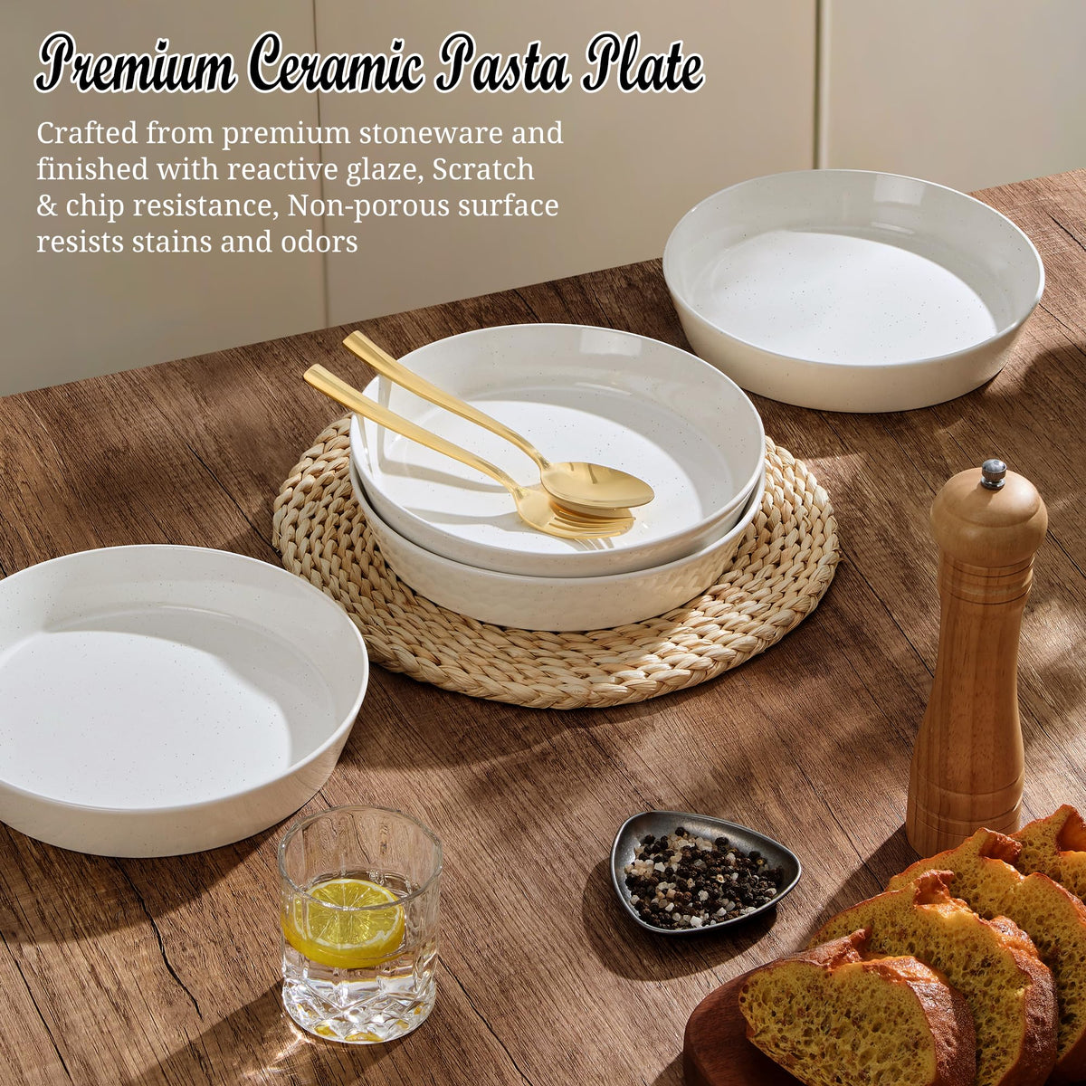 34oz Stoneware Pasta Bowls Set of 4 Speckled White G228