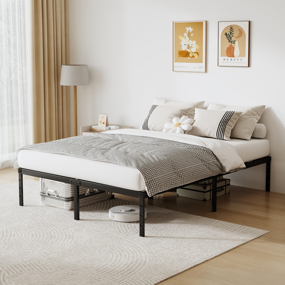 Queen Size 18 Inch Tall Black Metal Platform Bed Frame H5066