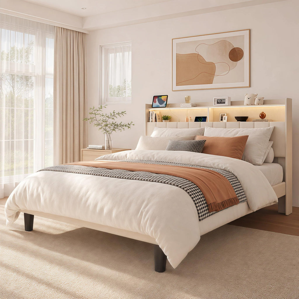Beige Queen Size Upholstered Platform Bed Frame with Headboard K222