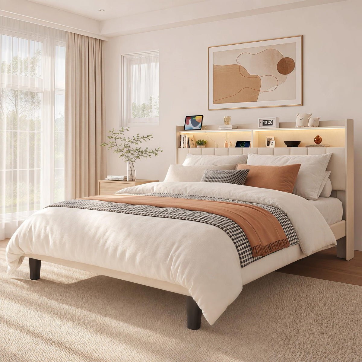 Beige Queen Size Upholstered Platform Bed Frame with Headboard K222