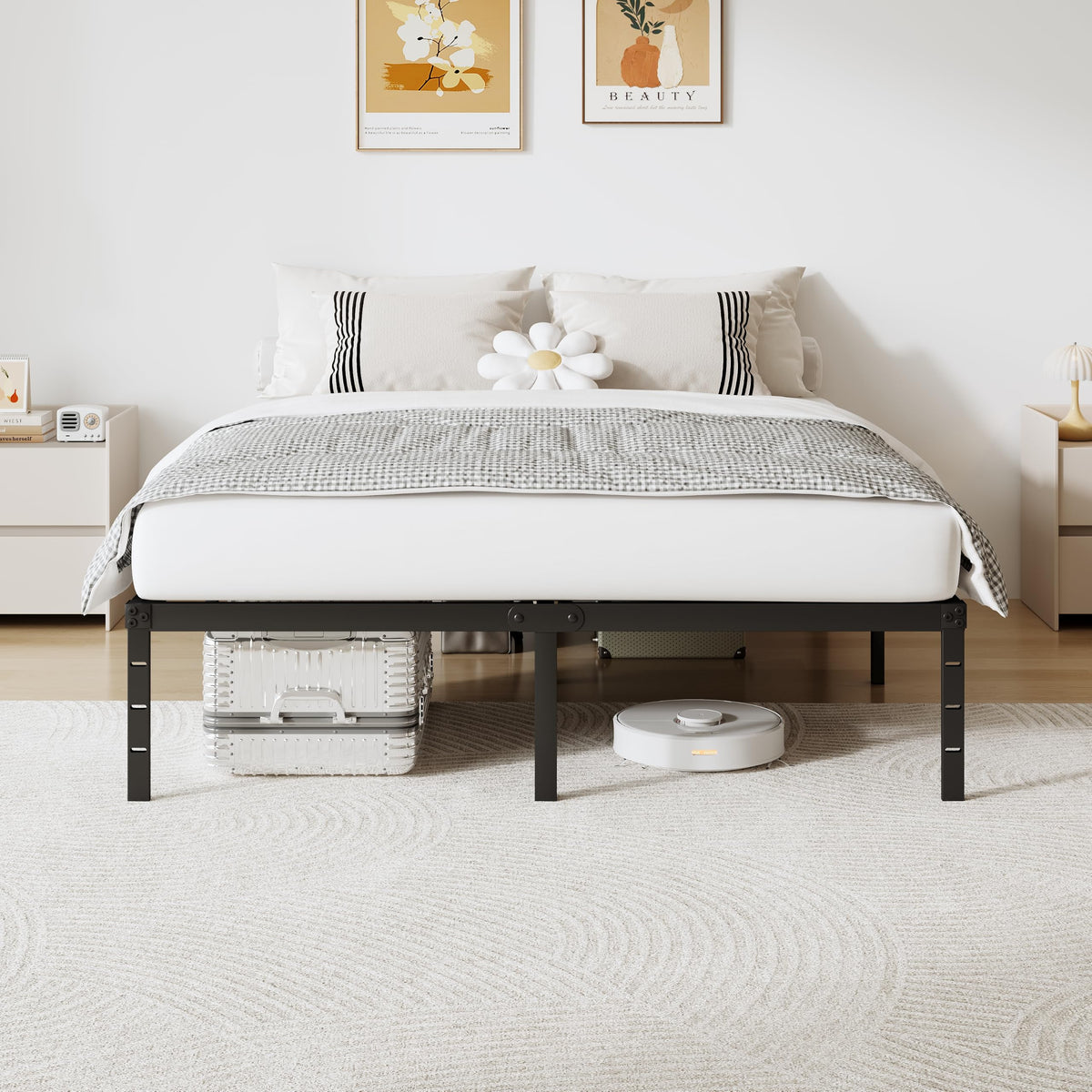 Queen Size 18 Inch Tall Black Metal Platform Bed Frame H5066