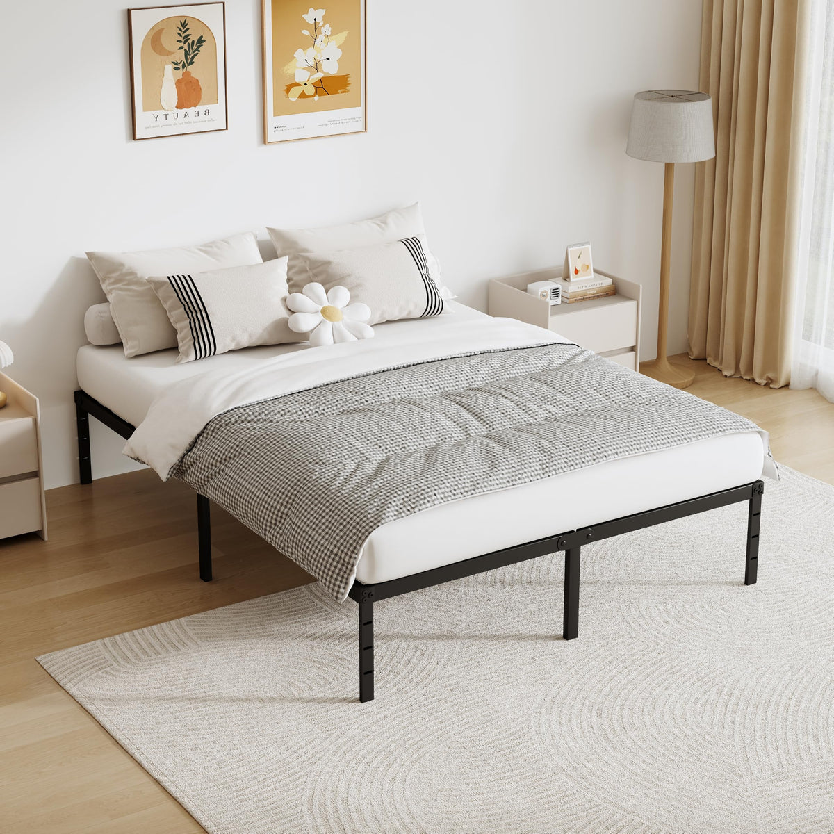 Queen Size 18 Inch Tall Black Metal Platform Bed Frame H5066