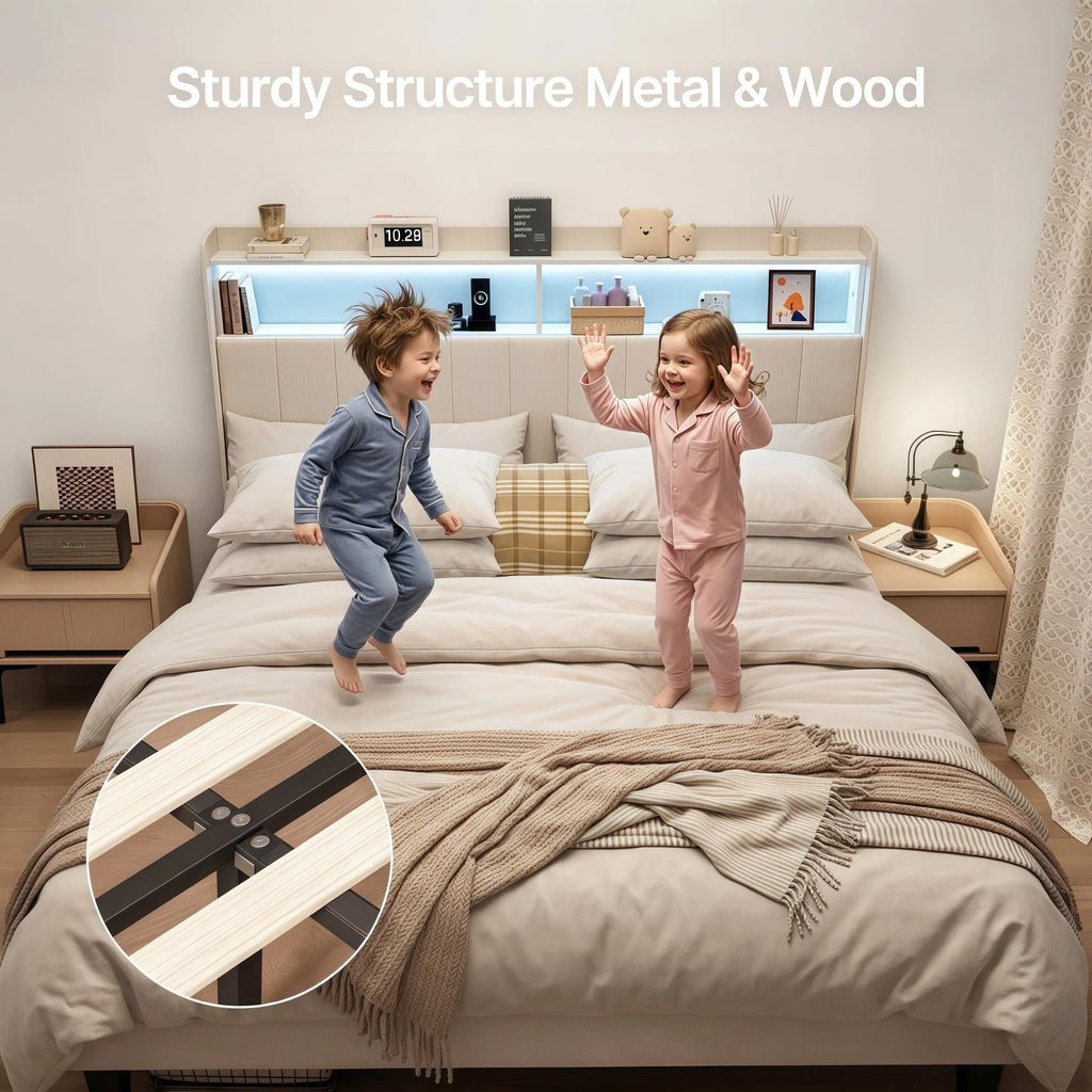 Beige Queen Size Upholstered Platform Bed Frame with Headboard K222