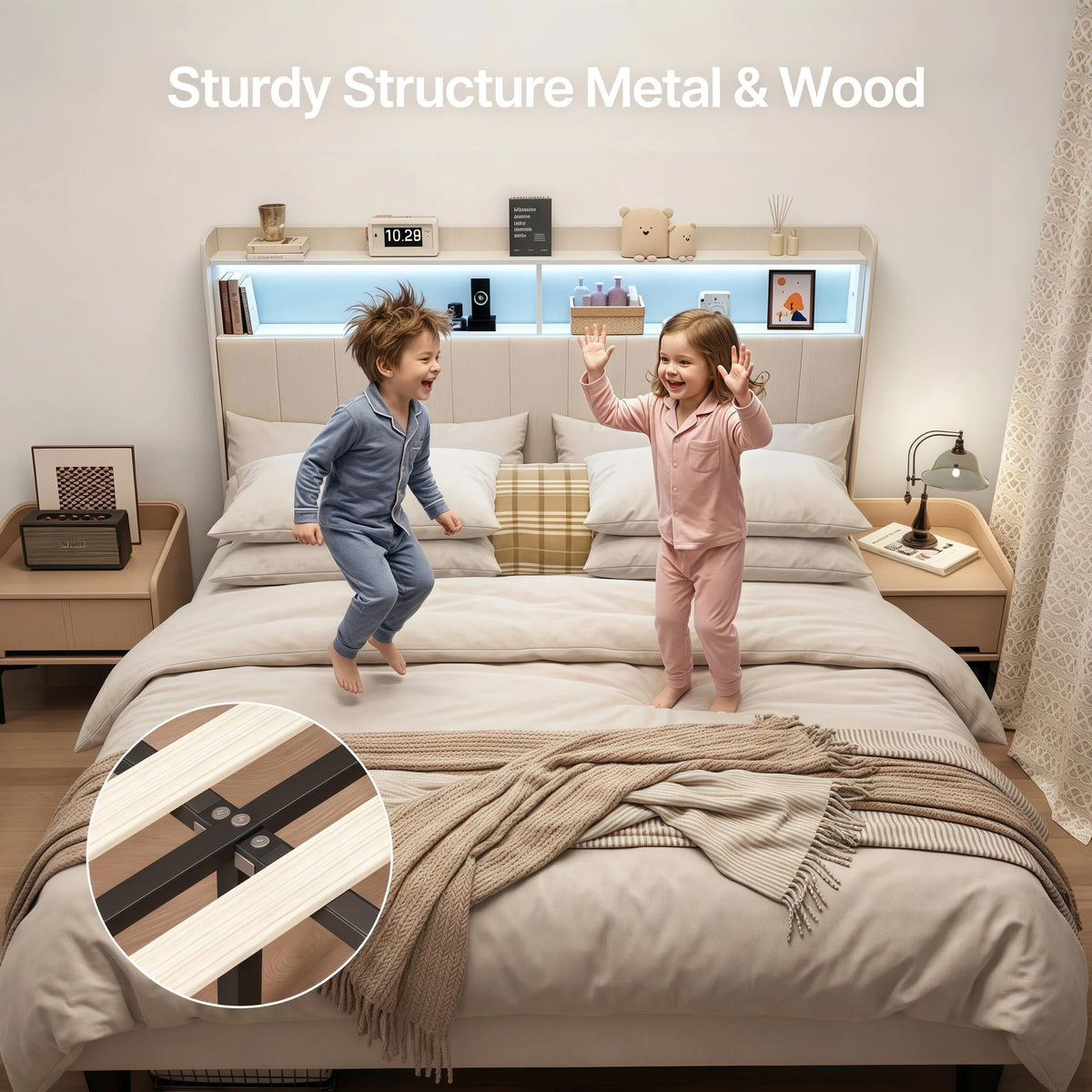Beige Queen Size Upholstered Platform Bed Frame with Headboard K222