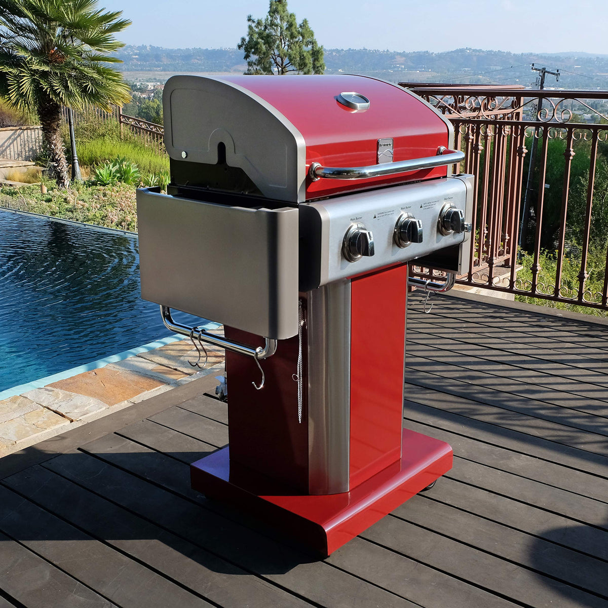 3-Burner Liquid Propane Gas Grill with Folding Sides, Wheels, 30000 BTU, Red V8790
