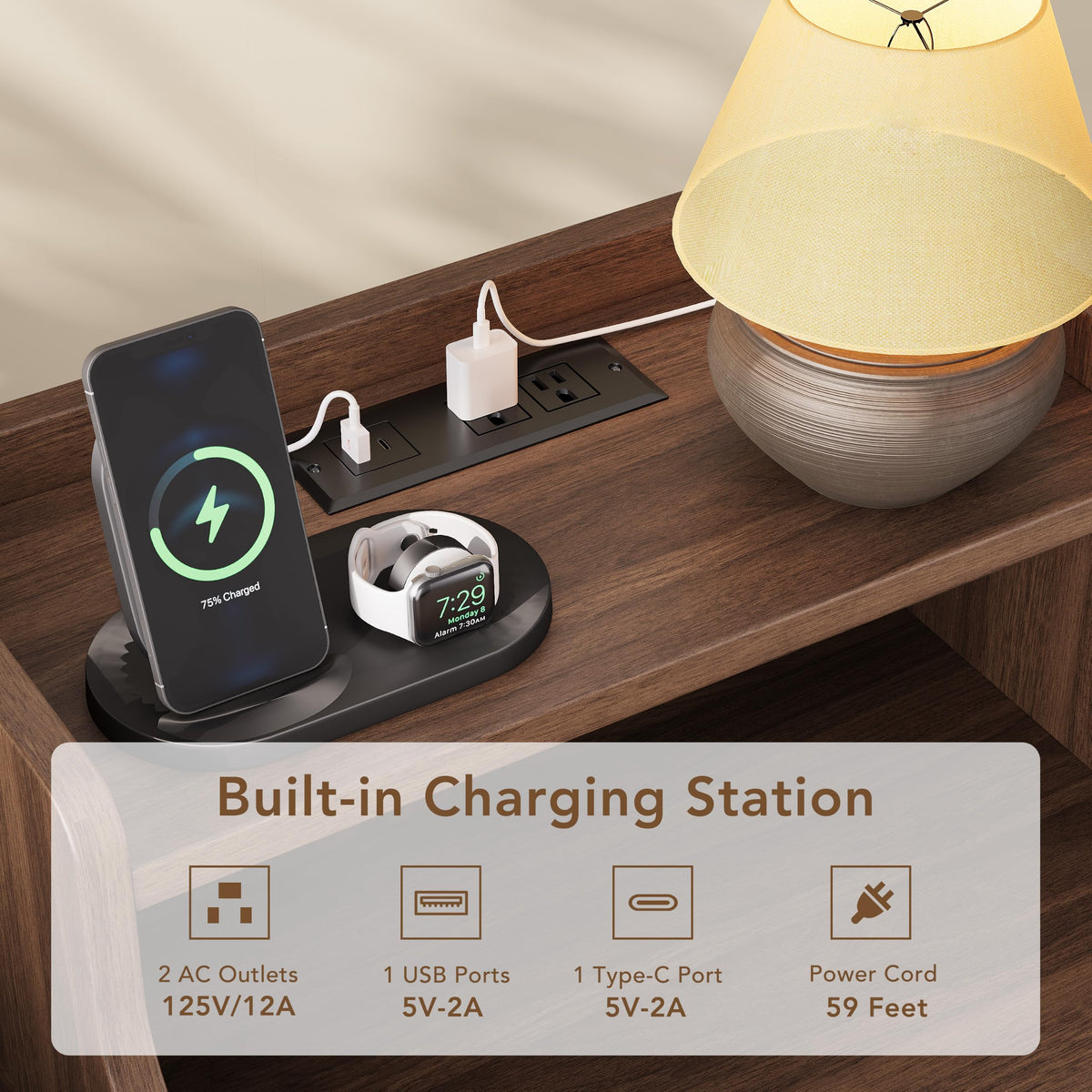 Mid Century Modern Nightstand Set of 2 with Charging Station G44276