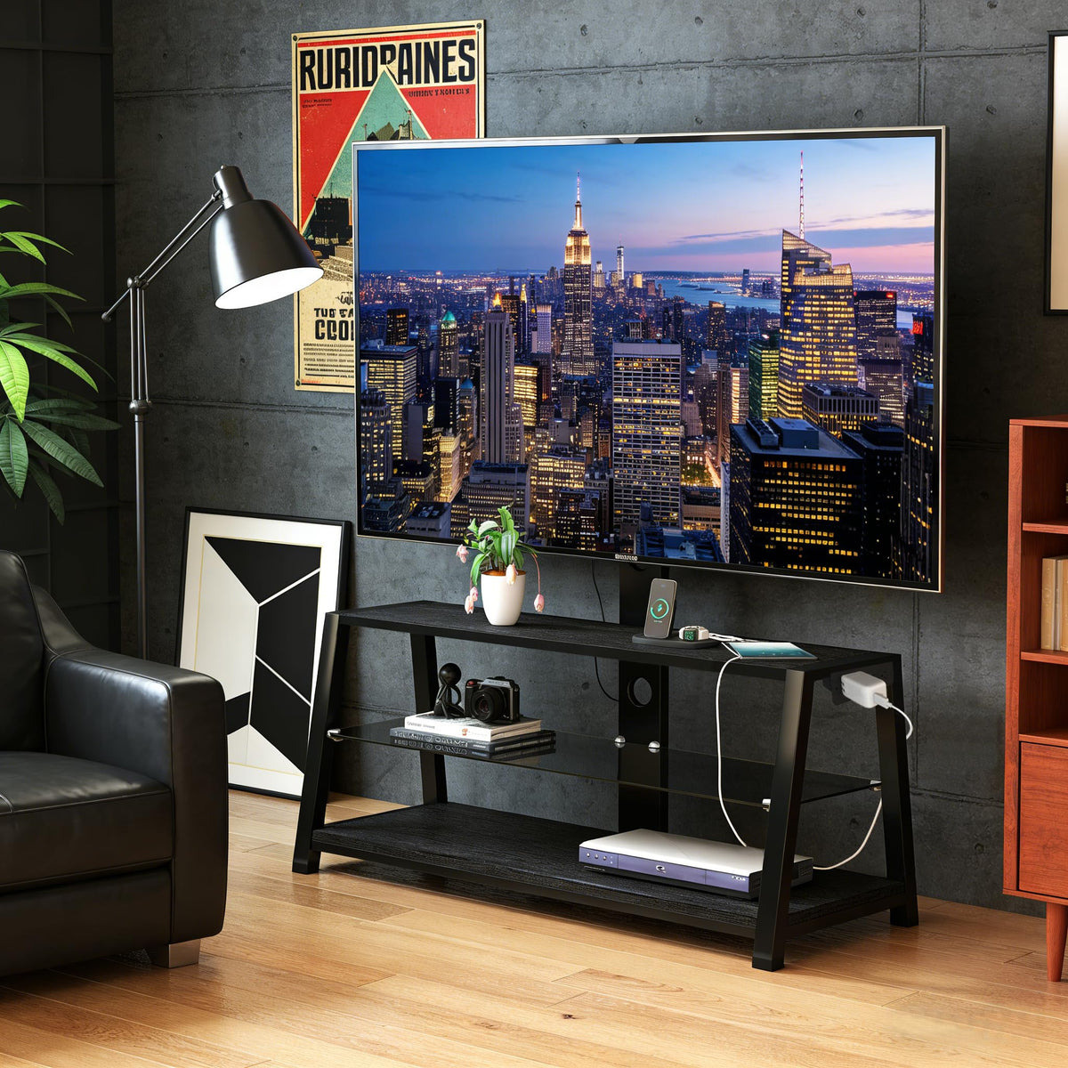 32-65" Swivel TV Stand with 3-Tier Storage and Height Adjustable Q694