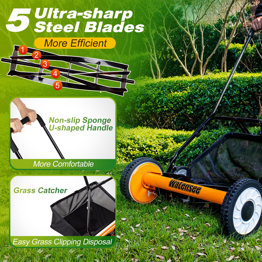 20-Inch 5-Blade Manual Reel Lawn Mower with Grass Catcher A493